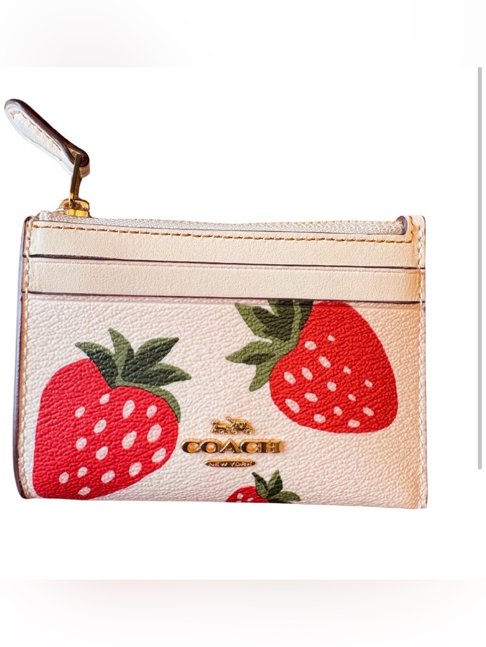 COACH- Strawberry Print Wristlet Card Case - Cream/Red